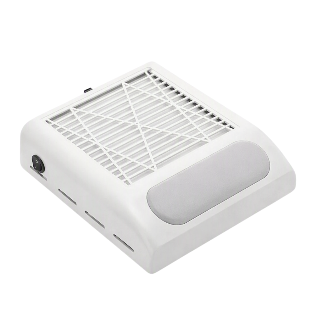 Nail filing dust collector in white with grey arm rest pad.