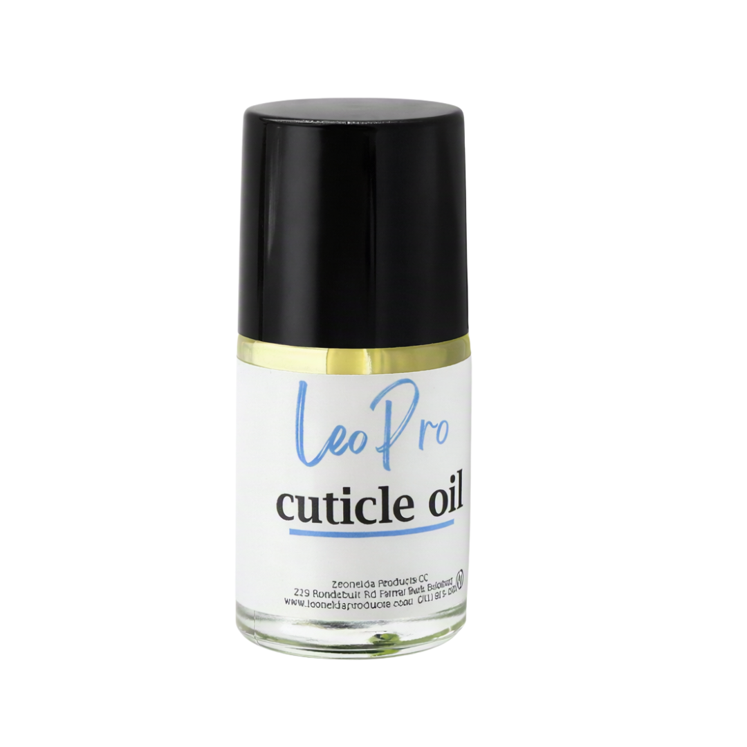 A bottle of Leo Pro Cuticle Oil with a black cap, and white label on a plain white background.