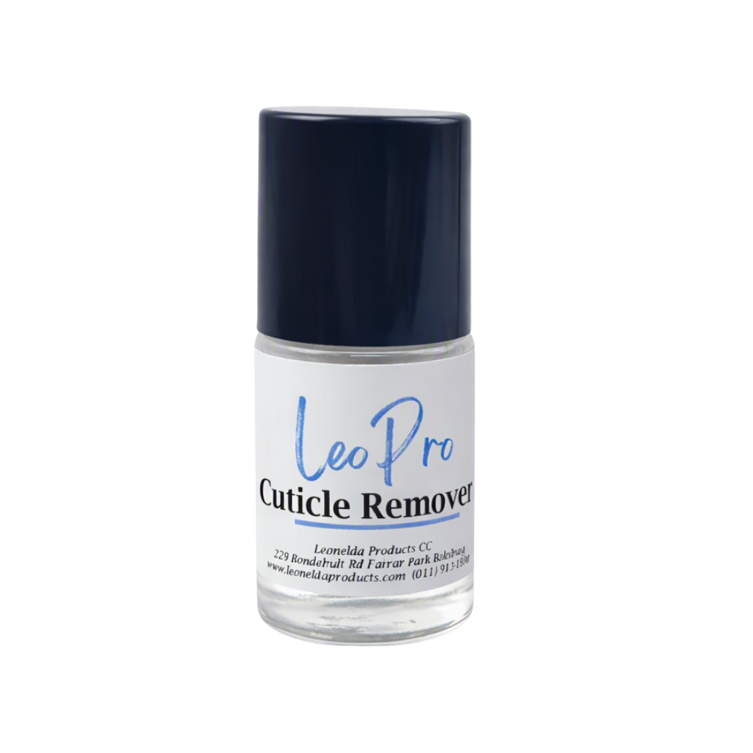 A bottle of LeoPro Cuticle Remover with a dark black cap and a white label, shown on a plain white background.