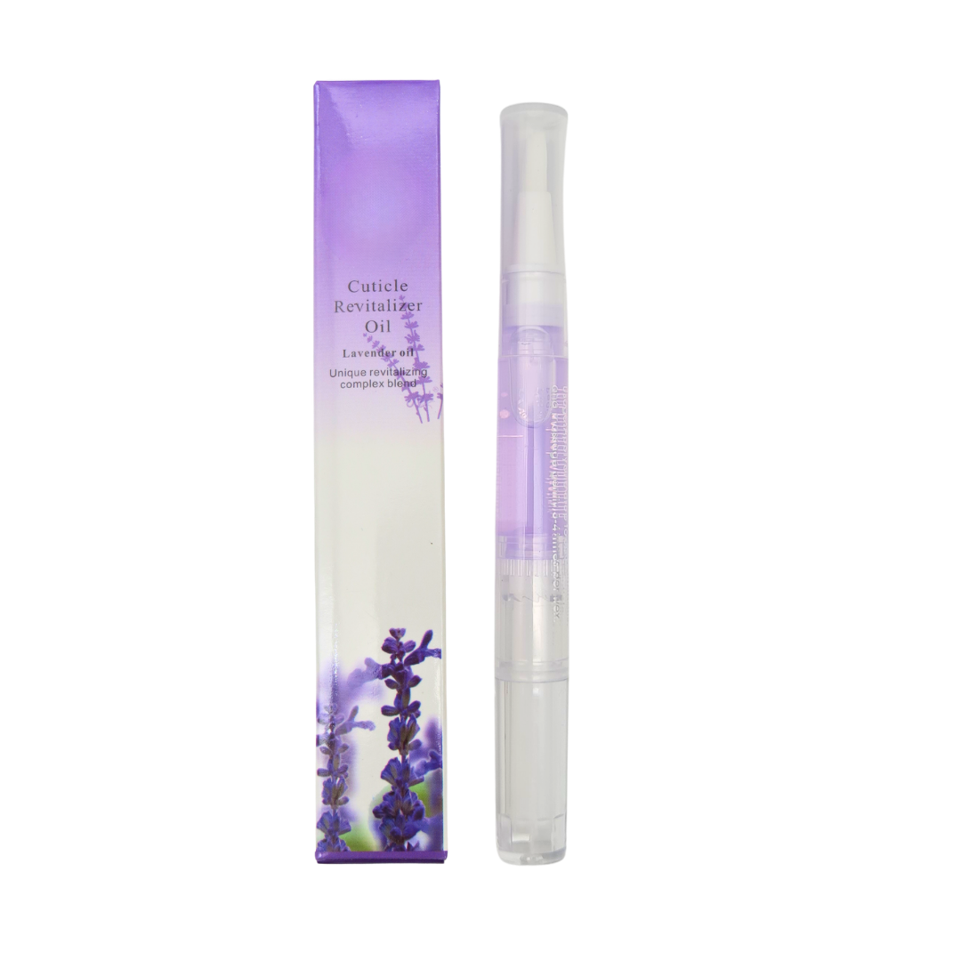 A010I Lavender Cuticle Oil with Pen Type Applicator | Cuticle Revitalizer Oil in a clear plastic spray bottle next to its white and purple packaging box with lavender illustrations.
