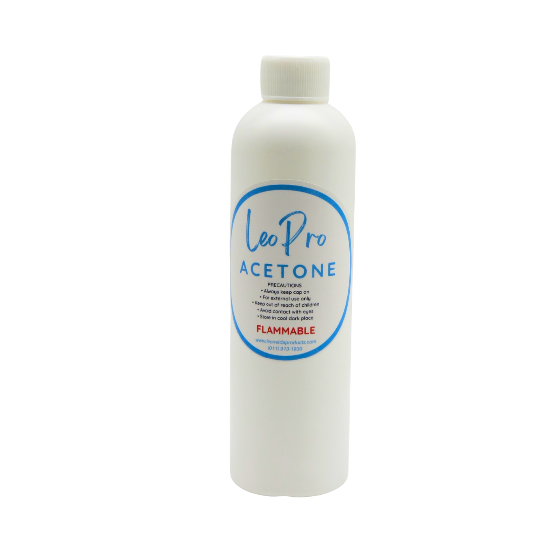 A white plastic bottle of Leo Pro Acetone with a white cap and a blue and white label, shown against a plain white background.