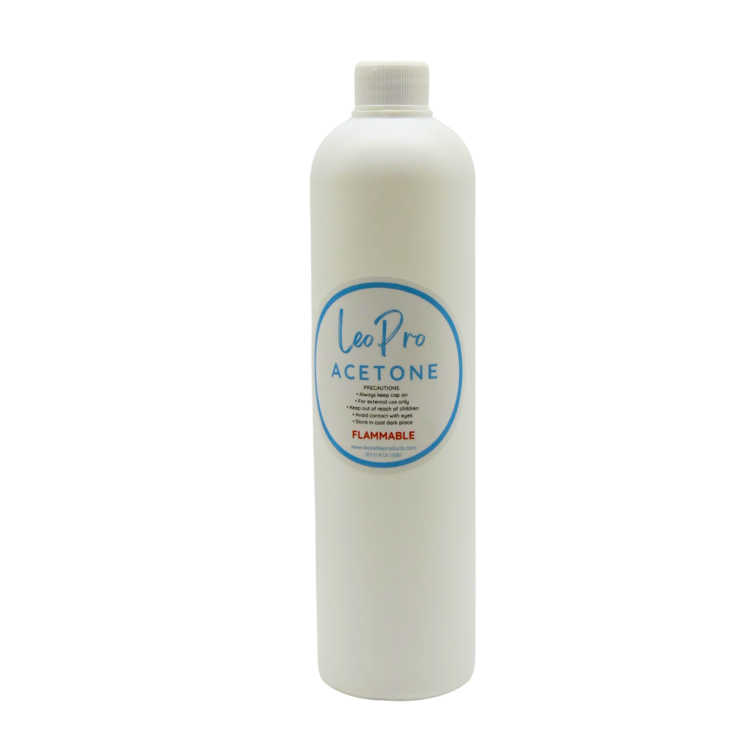 A tall white plastic bottle of LeoPro Acetone with a white cap and a circular blue and white label, shown against a plain white background.