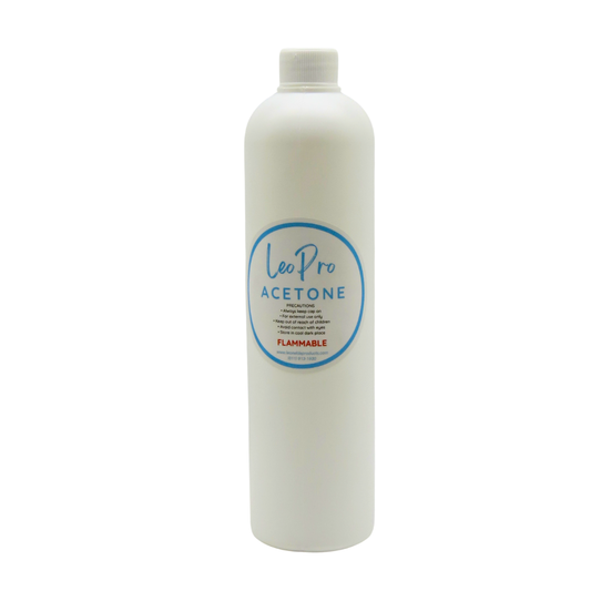 A tall white plastic bottle of LeoPro Acetone with a white cap and a circular blue and white label, shown against a plain white background.