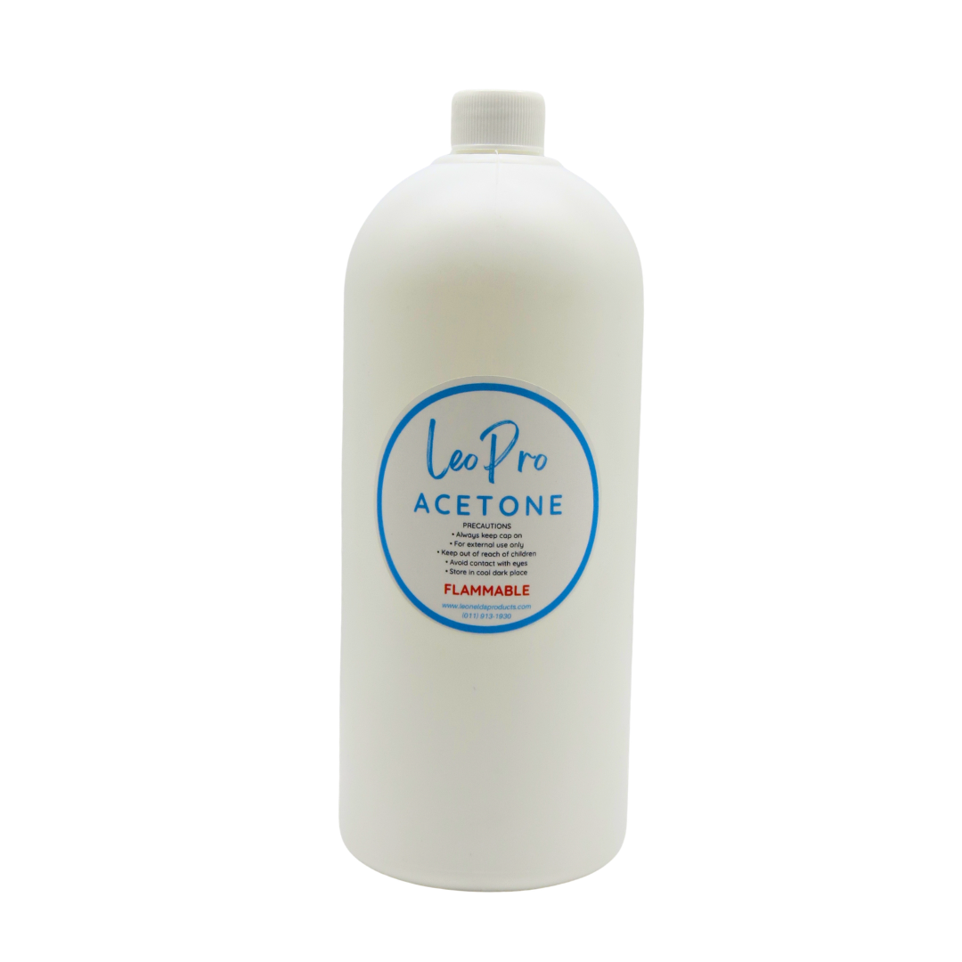 A large white plastic bottle of Leo Pro Acetone with a white cap and a blue circular label, isolated on a white background.
