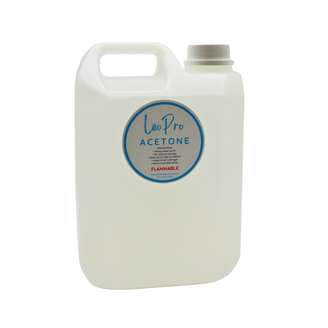A large translucent white plastic jerrycan with a handle and a gray screw cap, featuring a circular blue and white label that reads 'Leo Pro ACETONE' and 'FLAMMABLE'.