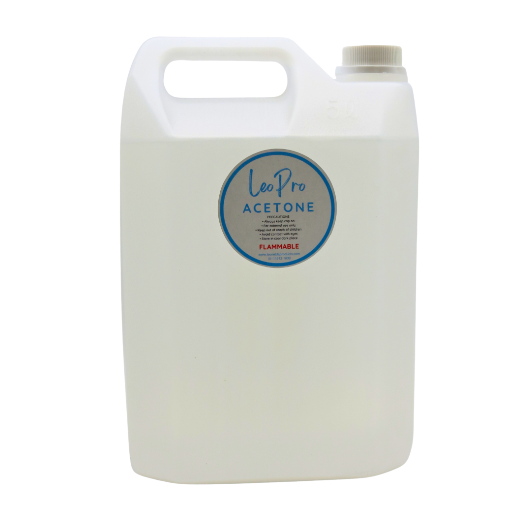 A large white plastic jerrycan with a handle and screw cap, featuring a circular blue and white 'LeoPro ACETONE' label on the front, set against a plain white background.