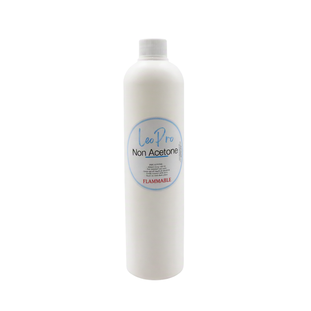 A white 250ml plastic bottle of Leo Pro Non-Acetone with a white cap and a blue circular label, isolated on a white background.