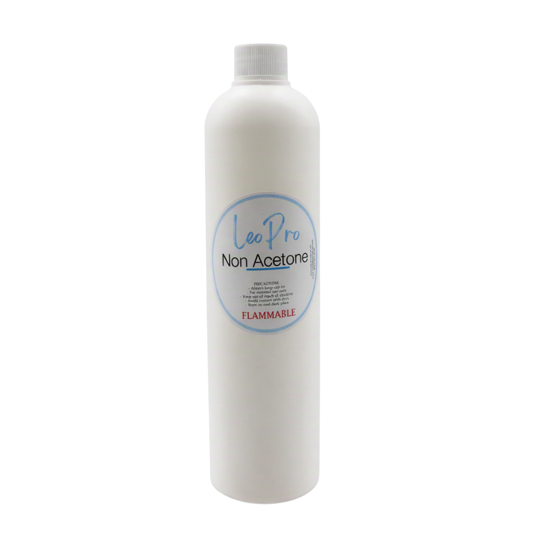 A white 500ml plastic bottle of Leo Pro Non-Acetone with a white cap and a blue circular label, isolated on a white background.