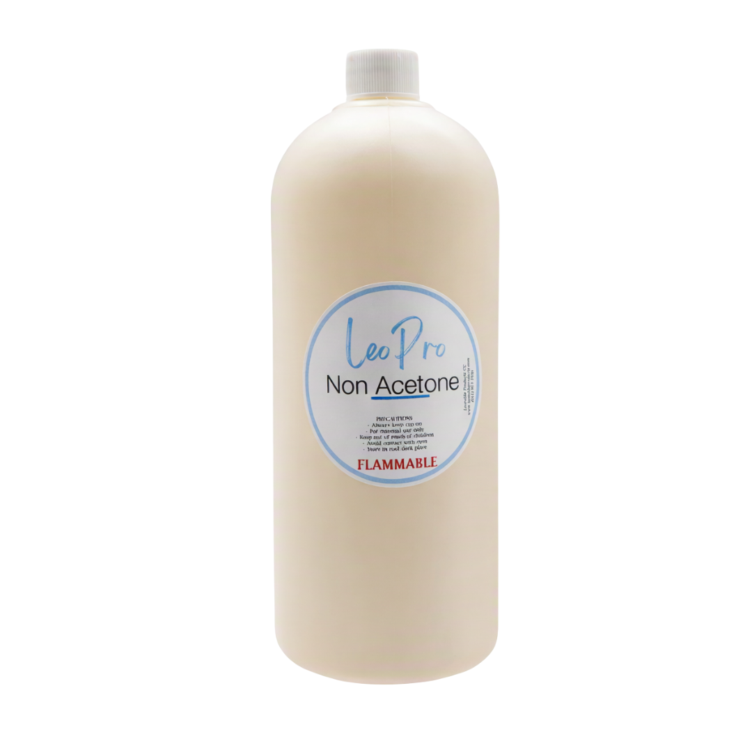 A white 1liter plastic bottle of Leo Pro Non-Acetone with a white cap and a blue circular label, isolated on a white background.