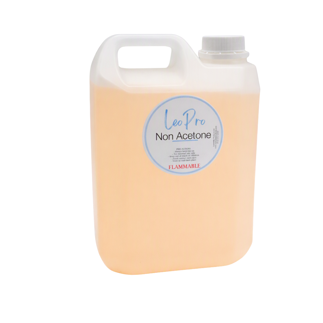 A large translucent plastic canister of Leo Pro Non Acetone, filled with a pale peach-colored liquid, featuring a white handle and a white cap, set against a plain white background.