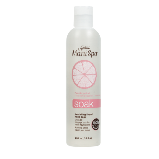 A04046 Gena Mani Spa Hand Soak 236ml | A 236ml bottle of Mani Spa Soak nourishing liquid hand soak, featuring a white bottle with a pink citrus slice graphic and pink label accents, set against a plain white background.