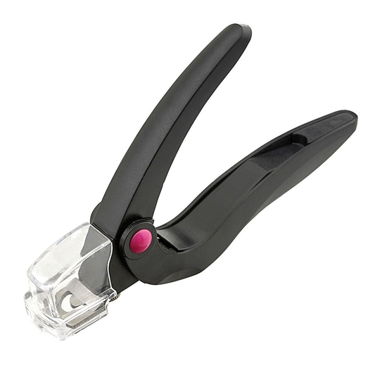A black plastic and clear plastic nail clipper with a small pink adjustment knob, shown on a solid white background.