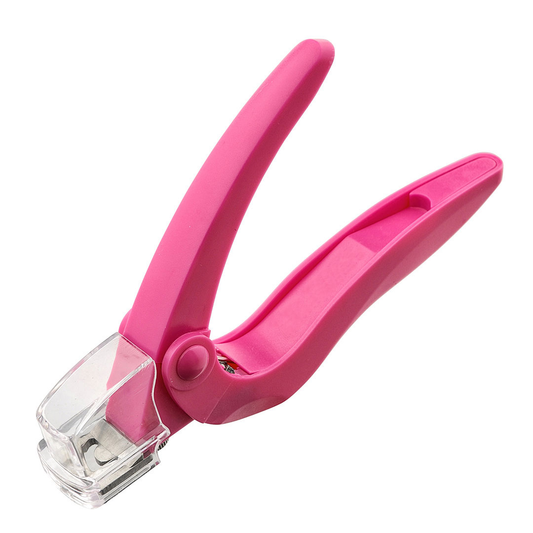 A pink manual nail clipper with a clear plastic cover on the metal cutting head, shown against a plain white background.