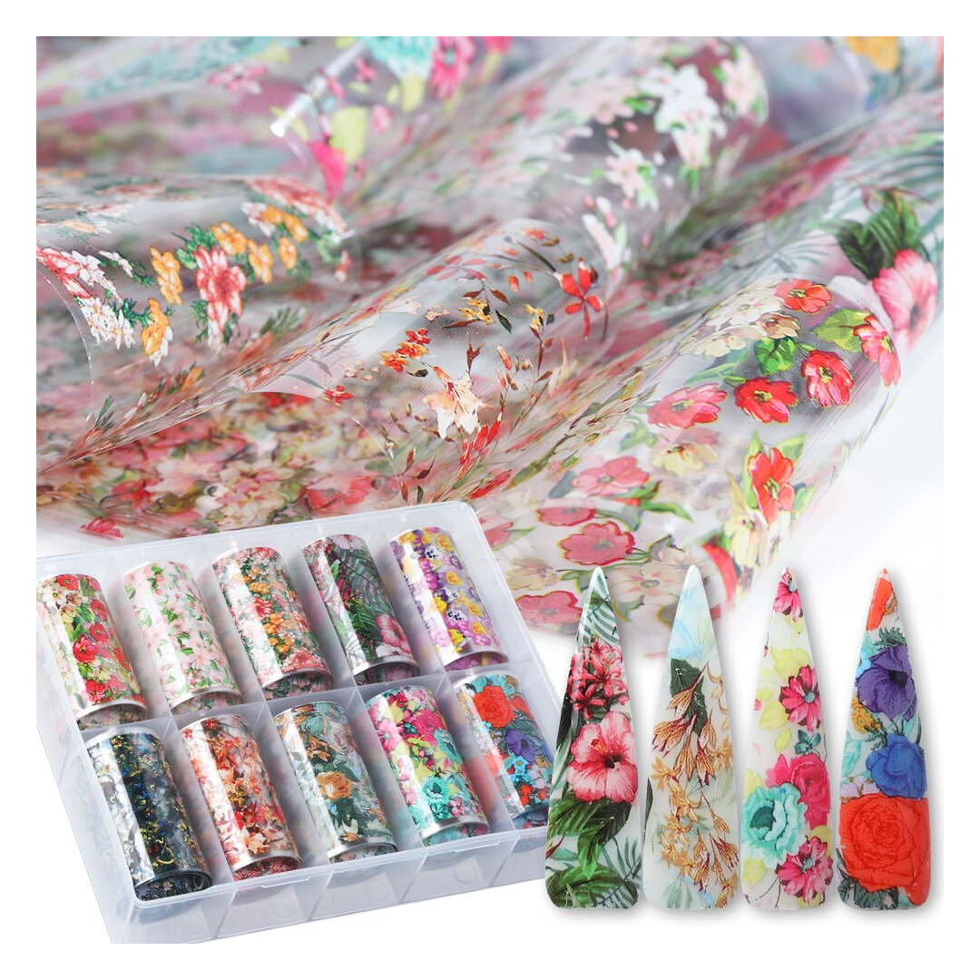 A set of floral nail foil wraps displayed in a clear plastic tray, with several cone-shaped nail tips painted in matching floral designs, all shown on a white background.