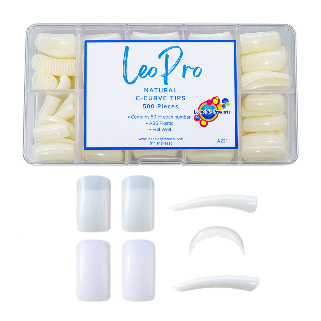 LeoPro natural C-curve nail tips in a clear plastic storage box with a blue and white label, shown above five individual false nail tips arranged on a white background.