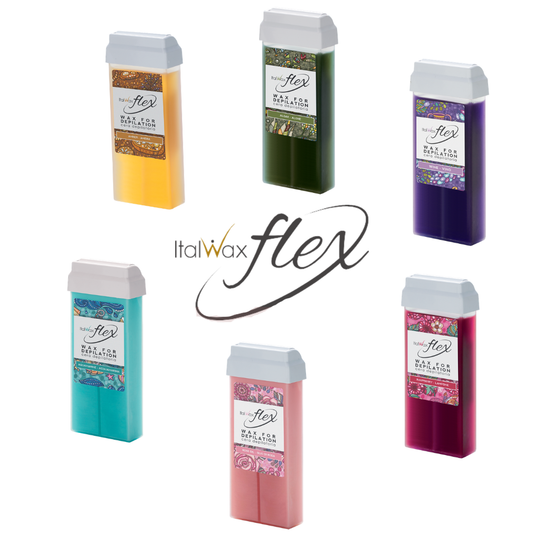 A collection of Italwax Flex Cold Strip Wax roller cartridges with a label on a white background