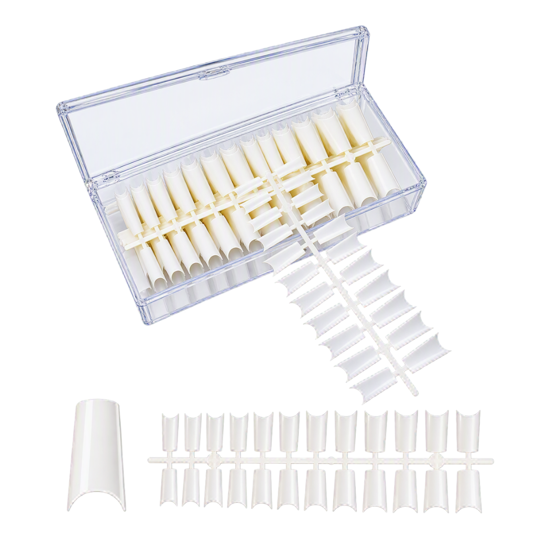 A clear plastic storage case containing multiple white artificial nail tips, shown open on a white background with additional nail tip strips and a single tip displayed below.