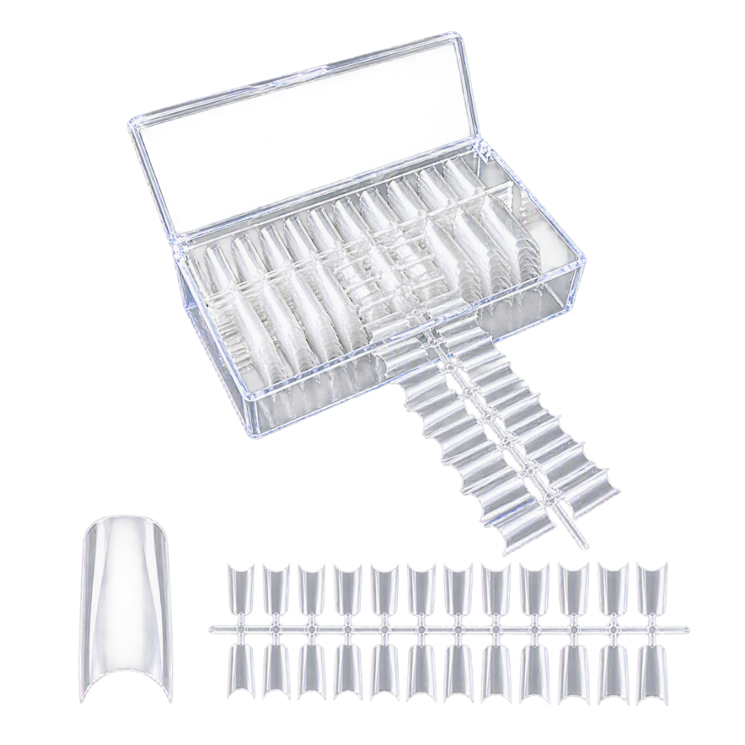 A clear acrylic nail tips displayed in an open transparent storage case, with a few sample nail tips shown outside the case on a plain white background.