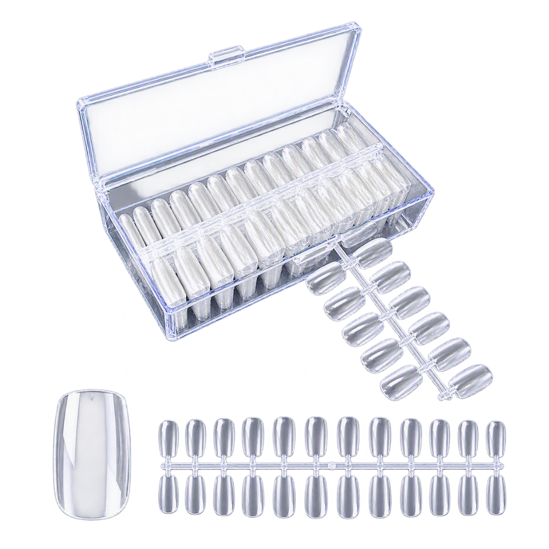 A clear plastic nail press tray containing multiple oval-shaped press nails, shown open with several press nail strips laid out and one enlarged sample nail at the bottom left on a white background.