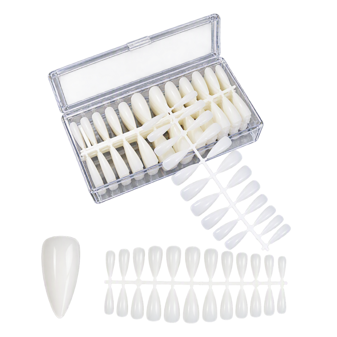 White nail tip and nail form set displayed with a clear plastic storage case, arranged on white stands, and one larger sample nail shown on a plain white background.
