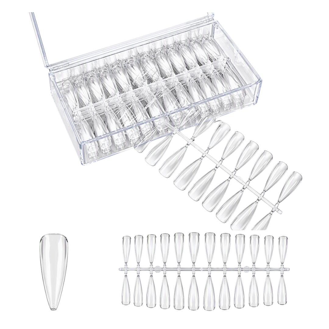 Clear nail tips set shown with a transparent storage case, a row of clear nail tips on a stand, a single large clear nail tip, and a smaller row of clear nail tips below, all on a white background.