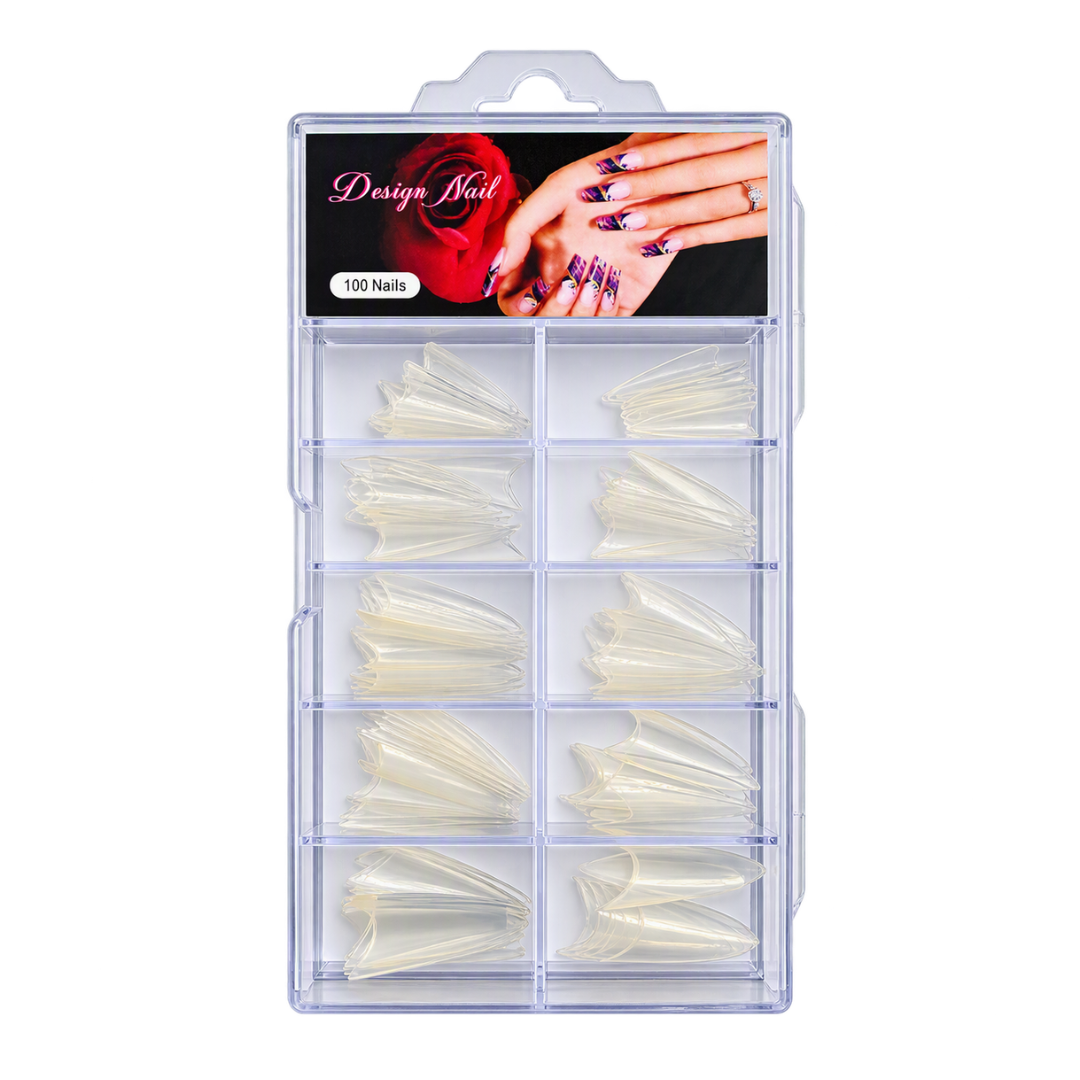 A 100-piece set of clear plastic false nail tips organized in a clear plastic storage case with a printed header card showing a hand with decorated nails.