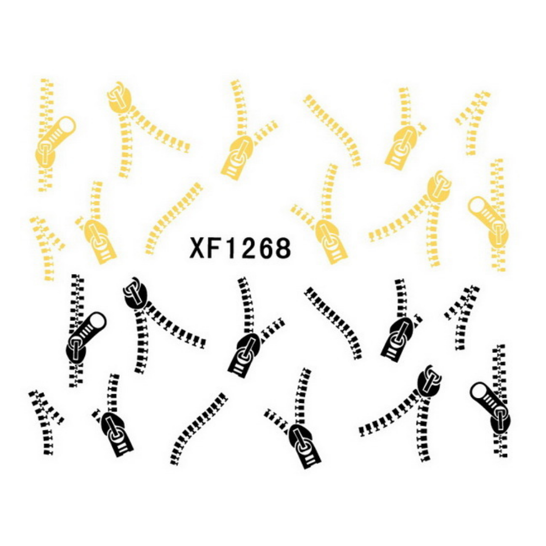 A sheet of zipper nail art decals or stickers showing multiple zipper designs in gold and black, with the text 'XF1268' in the center on a white background.