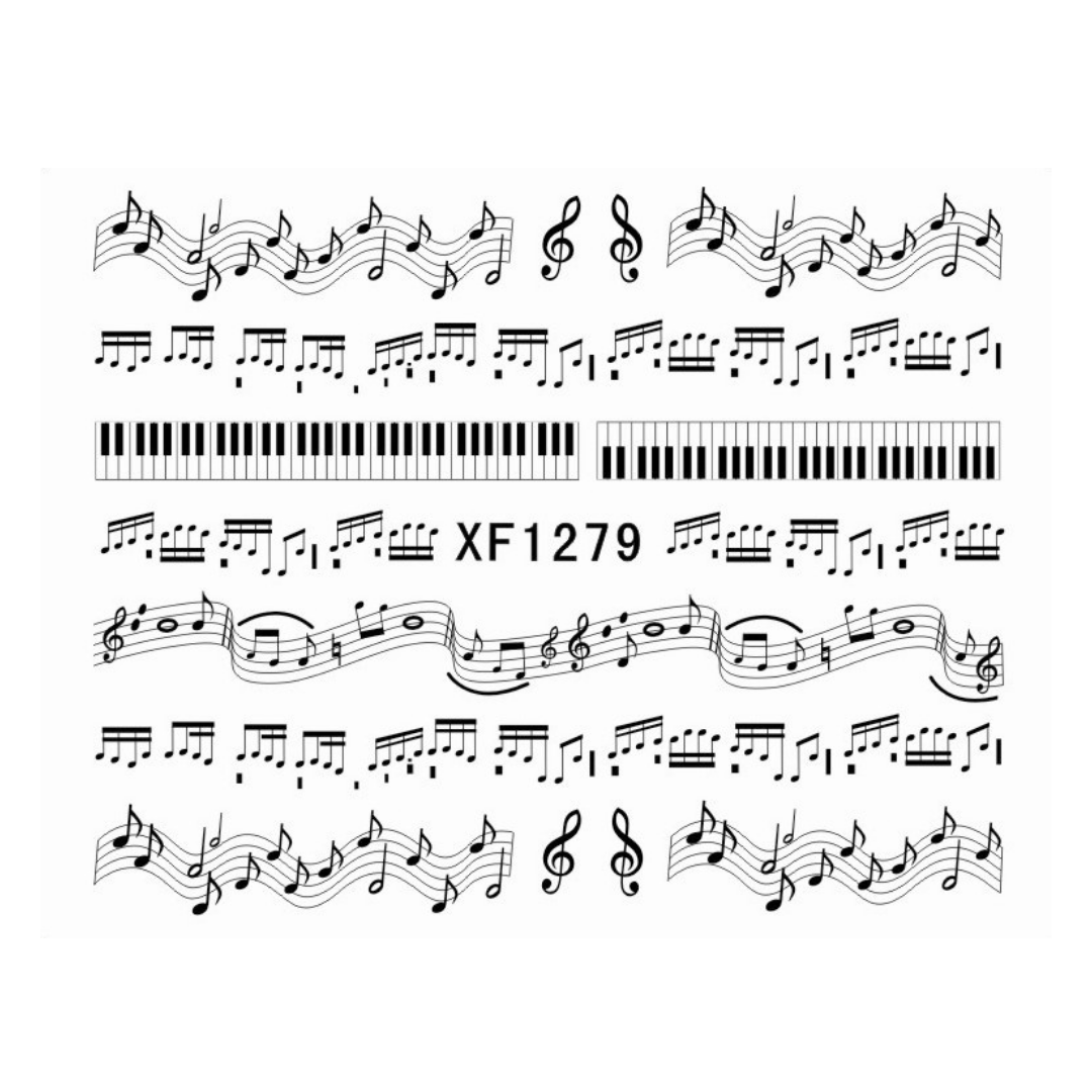 A nail art sheet music style water sliders stickers showing multiple lines of black musical notation and piano key patterns on a white background, with the text 'XF1279' near the center.