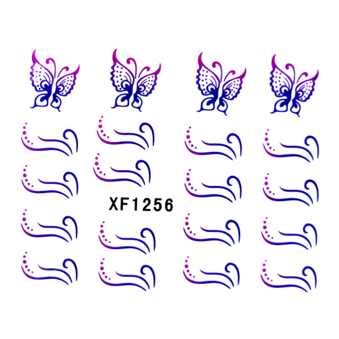 A sheet of nail art decals featuring four purple and pink butterfly designs at the top and sixteen matching curved line designs below, with the text 'XF1256' in the center on a plain white background.