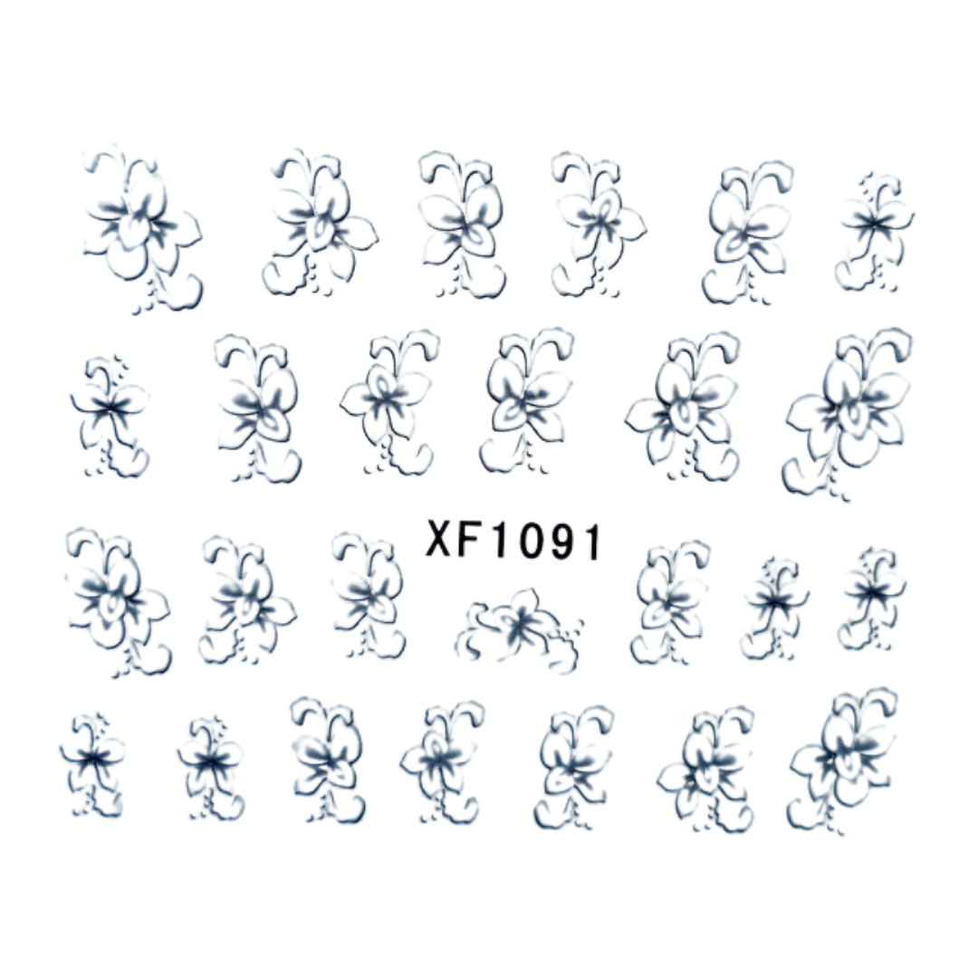 A sheet of floral nail decals featuring blue line-art drawings of plumeria flowers, with the code 'XF1091' printed in the center on a white background.