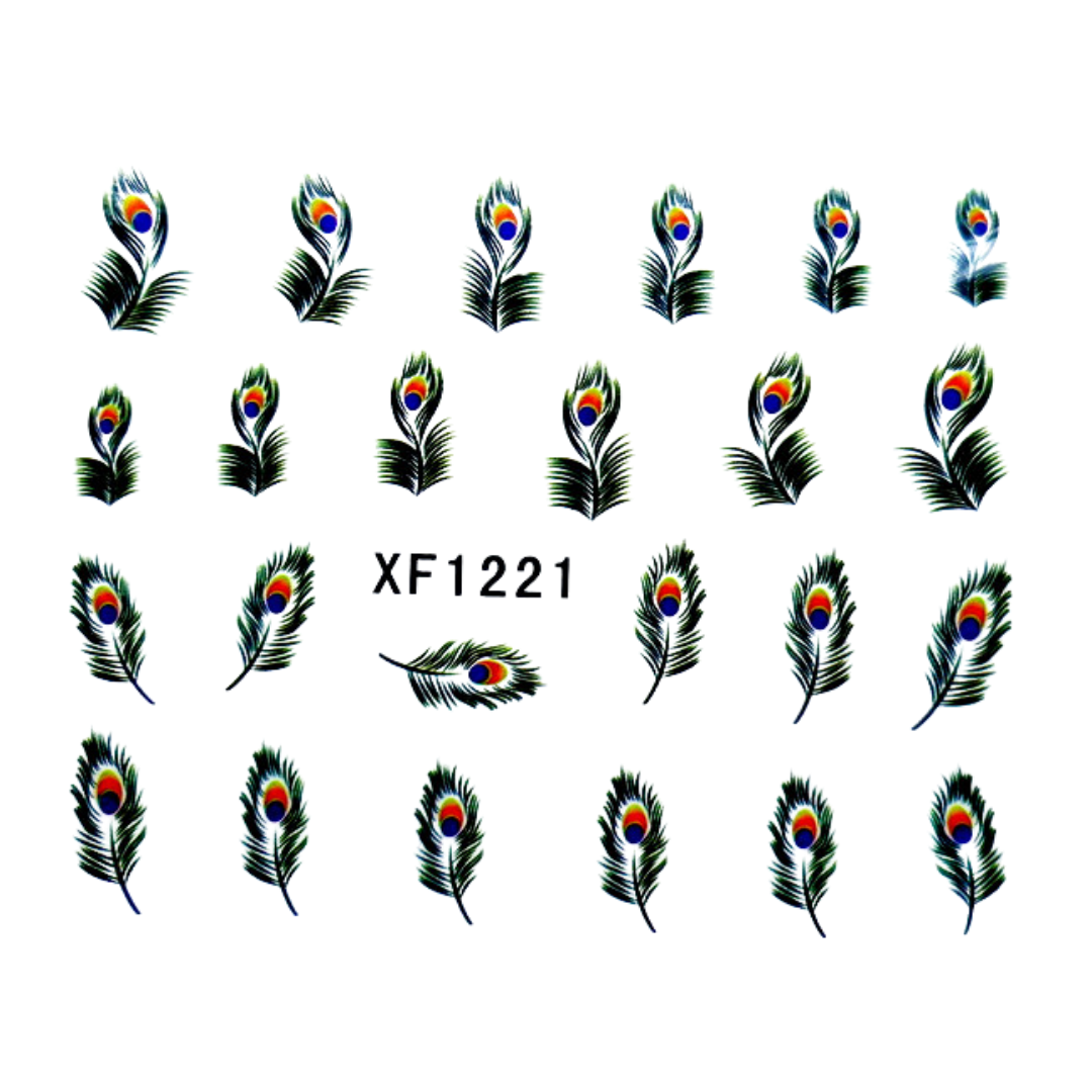 A sheet of nail art decals featuring multiple green peacock feather designs with blue, orange, and yellow eye spots, arranged in a grid with the text 'XF1221' in the center on a white background.