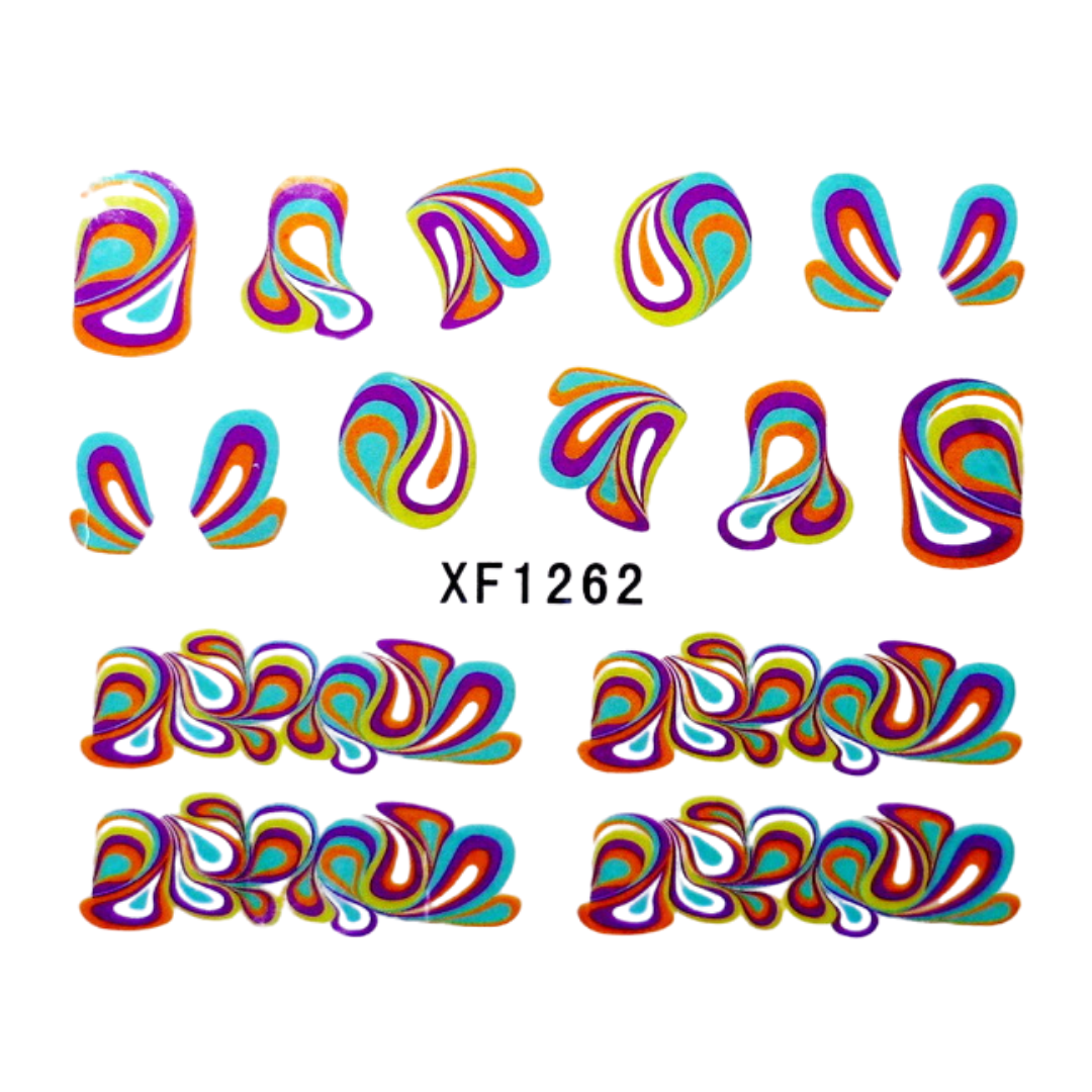 Twelve pairs of colorful abstract wavy nail art decals or stickers arranged in a grid on a white background, with the text 'XF1262' centered below. The designs feature layered swirls of purple, blue, green, yellow, orange, and red.
