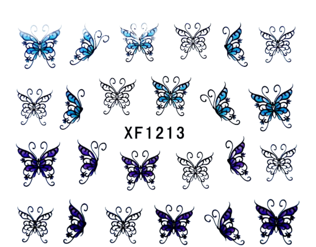 A sheet of butterfly-shaped decorative nail art decals or stickers arranged in rows on a white background, with the text 'XF1213' centered. The butterflies are shown in multiple colorways, including blue, purple, black, and white, with ornate scroll details.