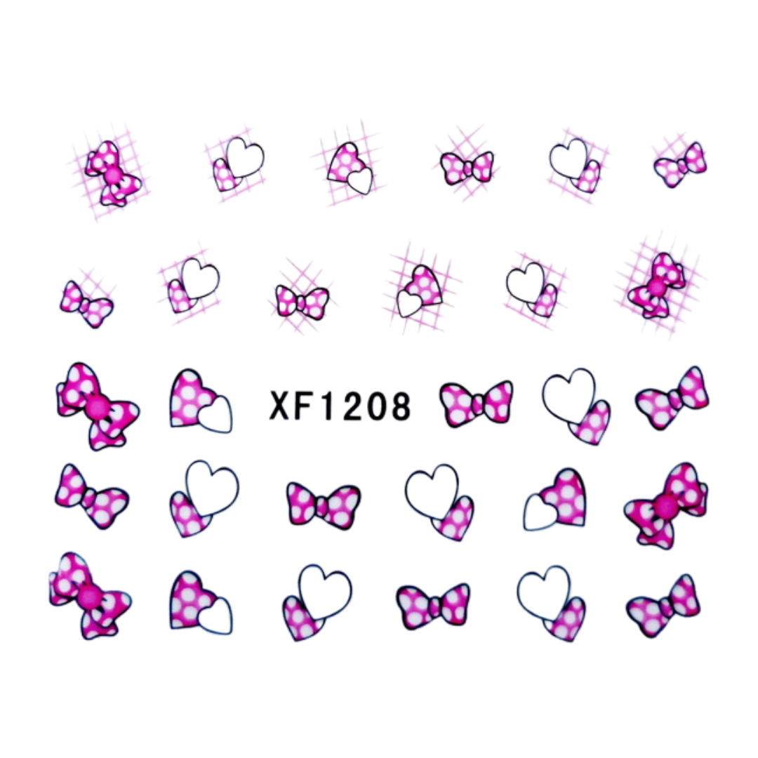 A sheet of decorative nail art decals featuring pink and white polka dot bows and hearts, with the text 'XF1208' in the center on a plain white background.