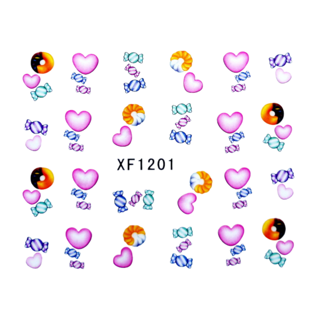 A sheet of decorative sticker or decal motifs on a white background, featuring pink hearts, wrapped candies, and colorful round gems, with the text XF1201 centered below.