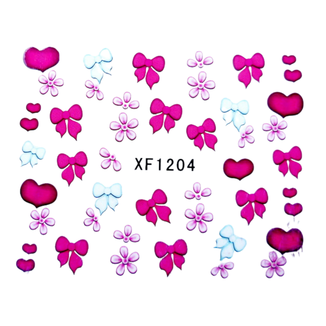 A sheet of decorative nail art decals featuring pink and purple bows, hearts, and flowers, with the text 'XF1204' in the center on a white background.