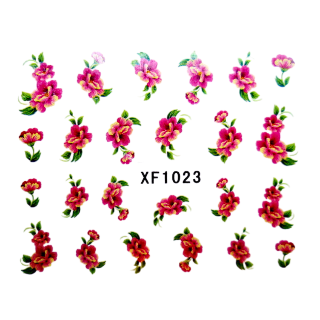 A sheet of nail art water decals featuring pink and red watercolor-style flowers with green leaves, arranged in a grid on a white background, with the text 'XF1023' in the center.