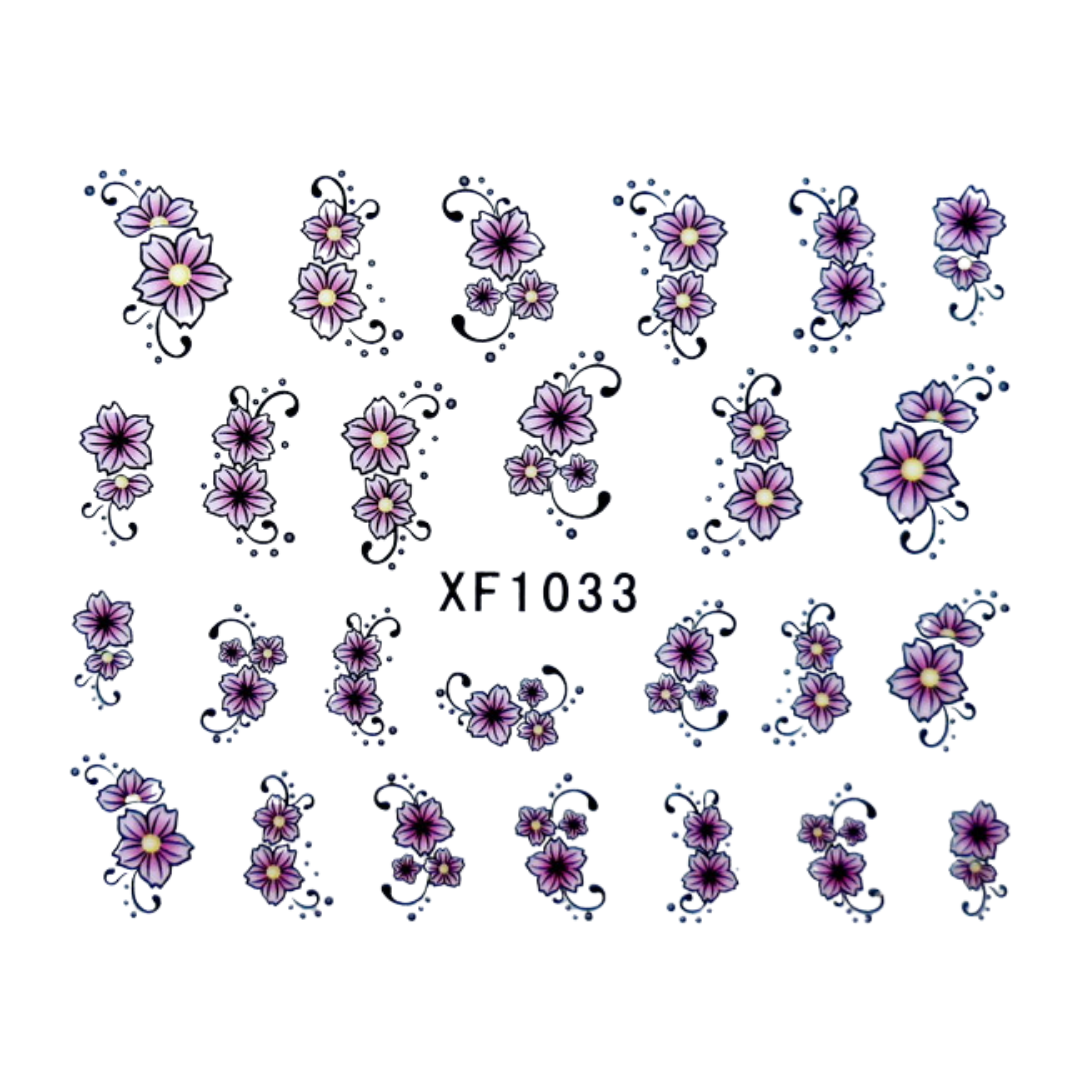 A sheet of decorative floral nail art stickers featuring purple and pink flowers with black outlines and swirls, arranged on a white background with the text 'XF1033' in the center.