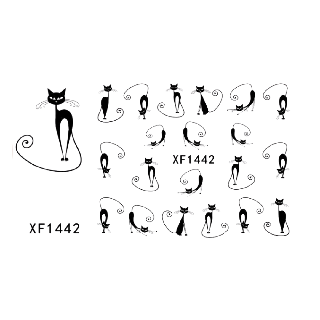 Black cat-themed nail art decals featuring multiple stylized cat silhouettes with curled tails and the code XF1442 printed on a white background.