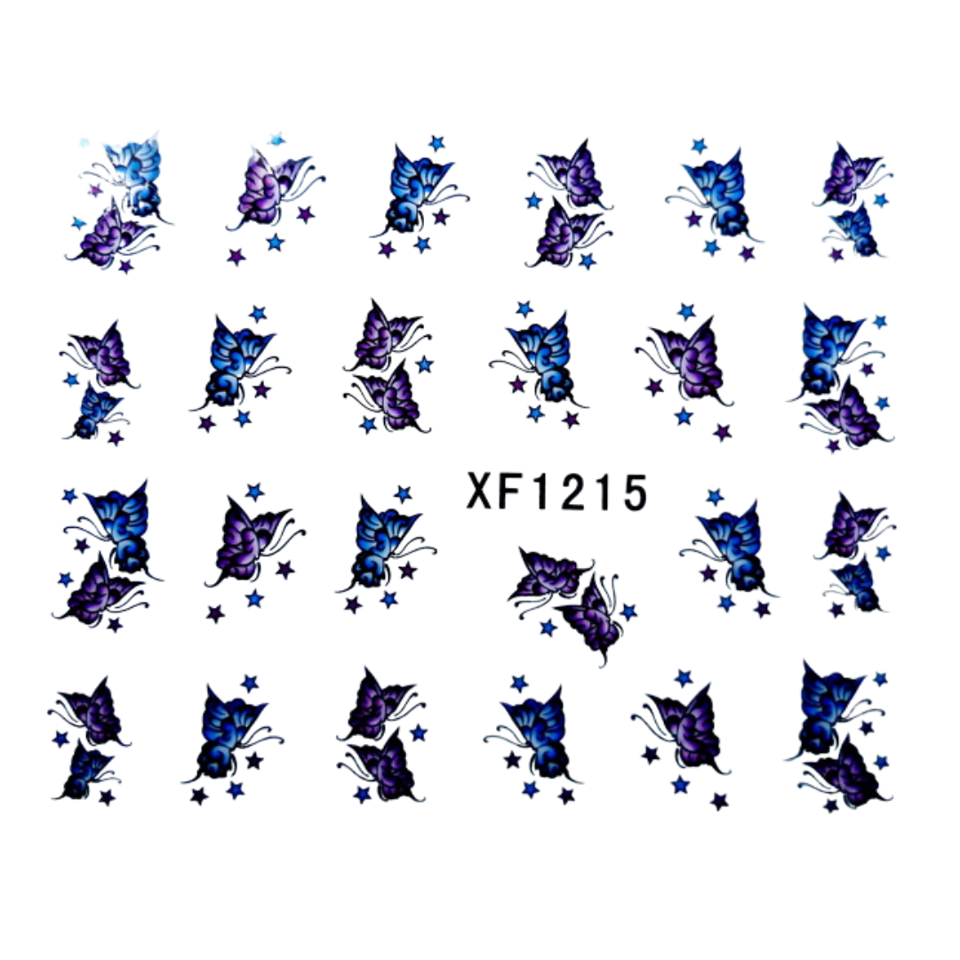 A sheet of butterfly-shaped nail art decals or stickers arranged in a grid on a white background, with blue and purple gradient butterflies and small blue stars. The text 'XF1215' is printed in the center.