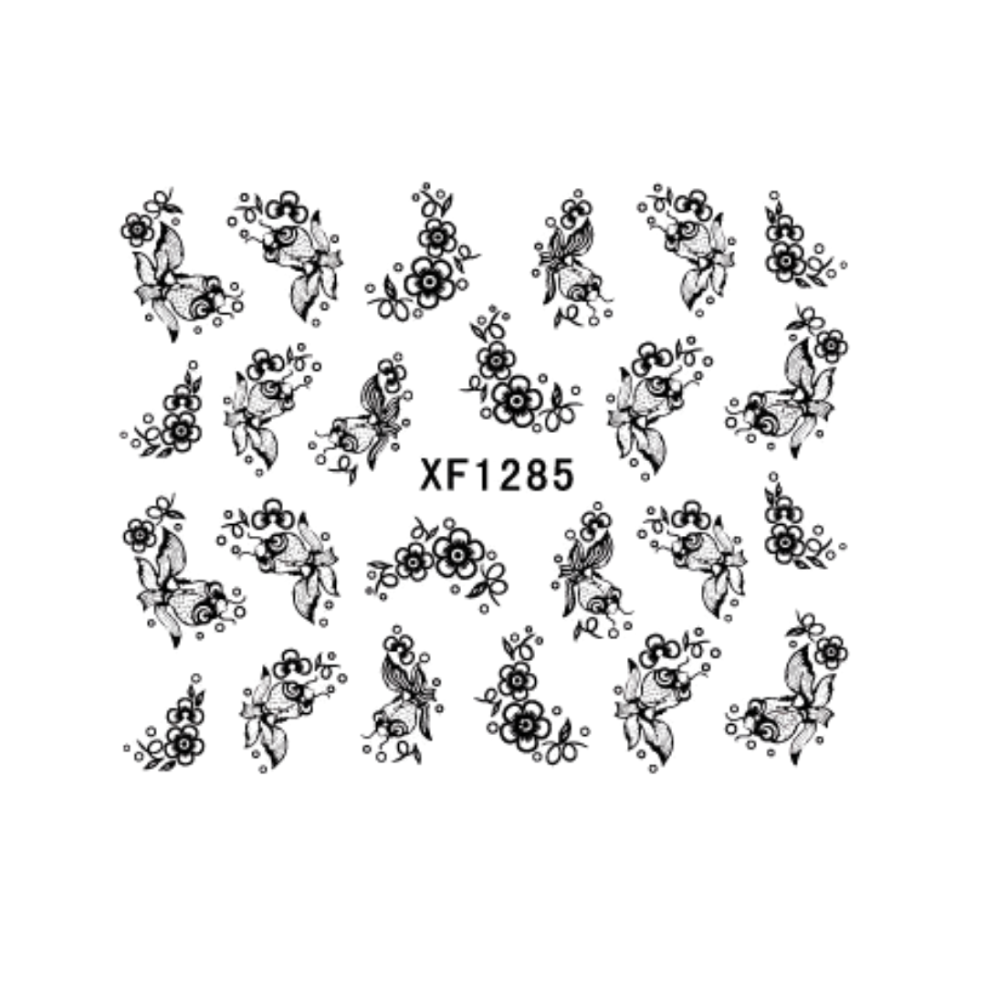 A sheet of black floral nail art decals arranged in a grid on a white background, with the text 'XF1285' centered between the designs.