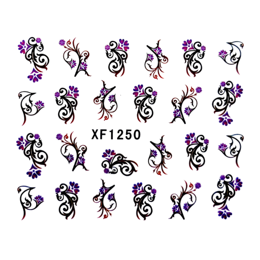 A sheet of decorative nail art decals featuring black scrollwork and purple floral motifs, with the text 'XF1250' in the center on a plain white background.