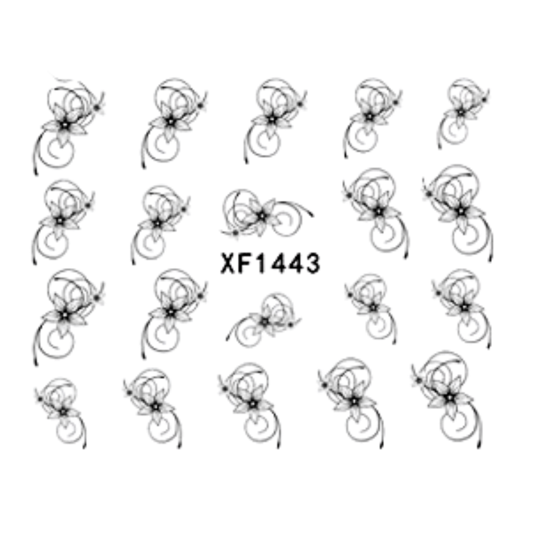 Nail art design template featuring black floral scroll decals arranged in a grid on a white background, with the code XF1443 printed in the center.