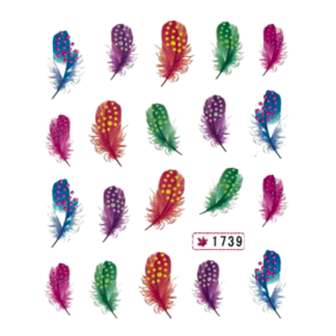 A sheet of decorative nail art decals featuring 20 different colorful feathers with polka dots and stripes, arranged in a grid on a white background with the number 1739 printed below.