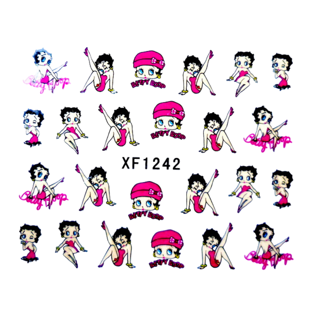 A sheet of cartoon Betty Boop nail art decals or stickers on a white background, featuring multiple poses and two styles of pink headbands, with the code XF1242 printed in the center.