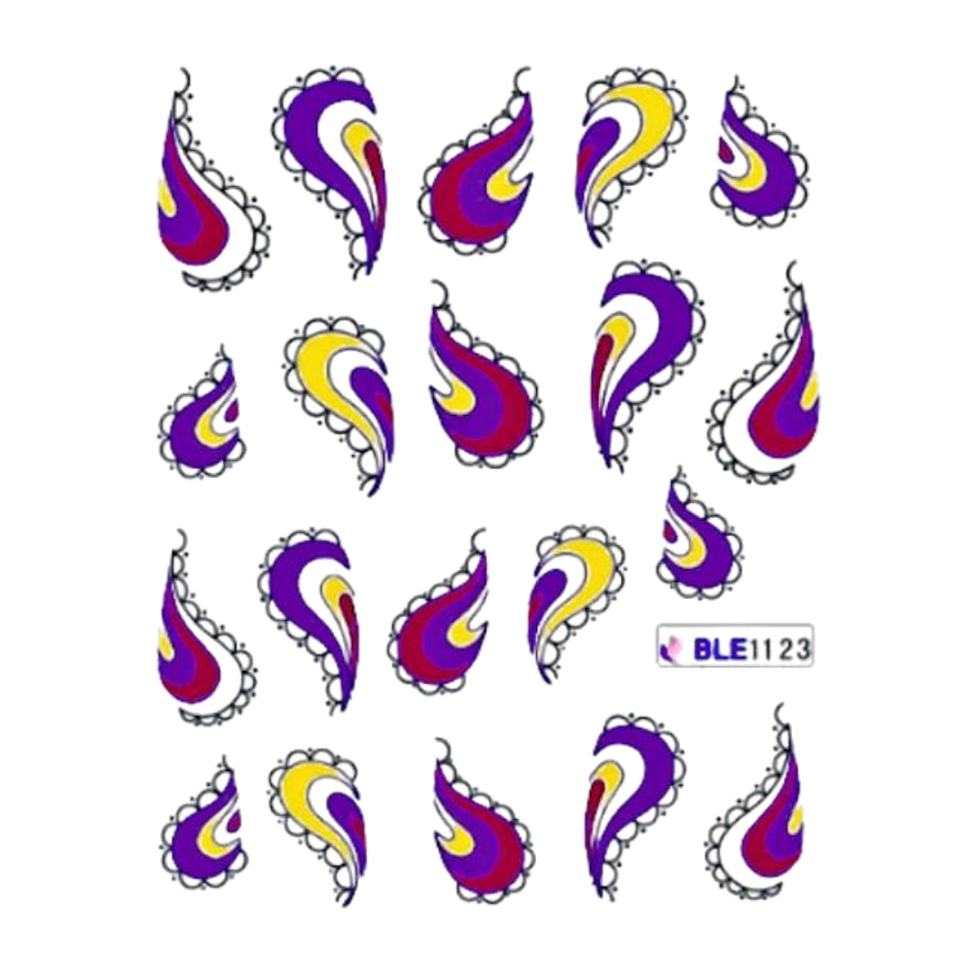 A sheet of decorative nail art water slider stickers featuring 18 paisley designs in purple, magenta, and yellow with black outlines, labeled with the code BLE1123 on a white background.