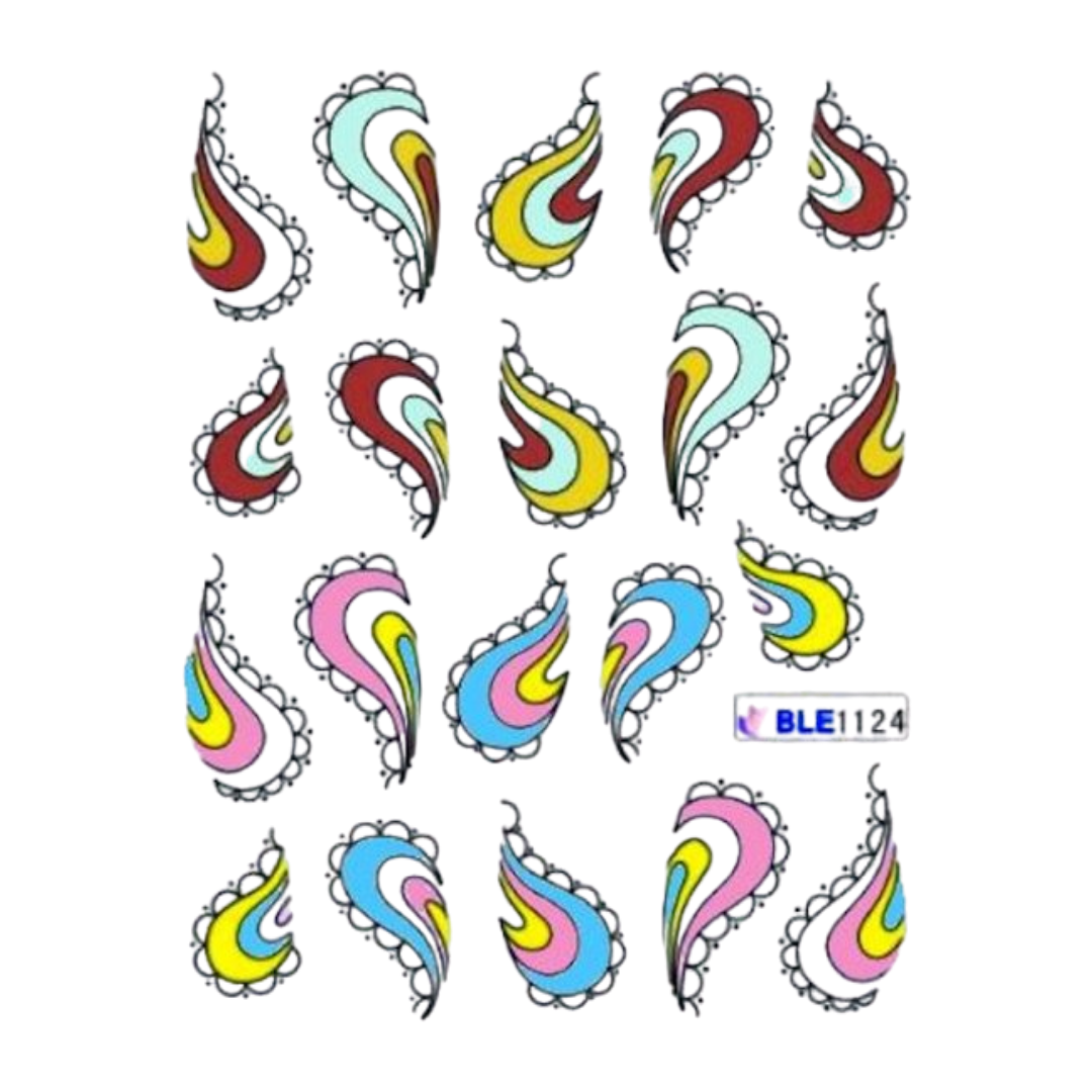 A sheet of decorative nail art water slider stickers featuring colorful paisley designs in red, yellow, light blue, pink, and white, with black outlines and a small label reading BLE1124.