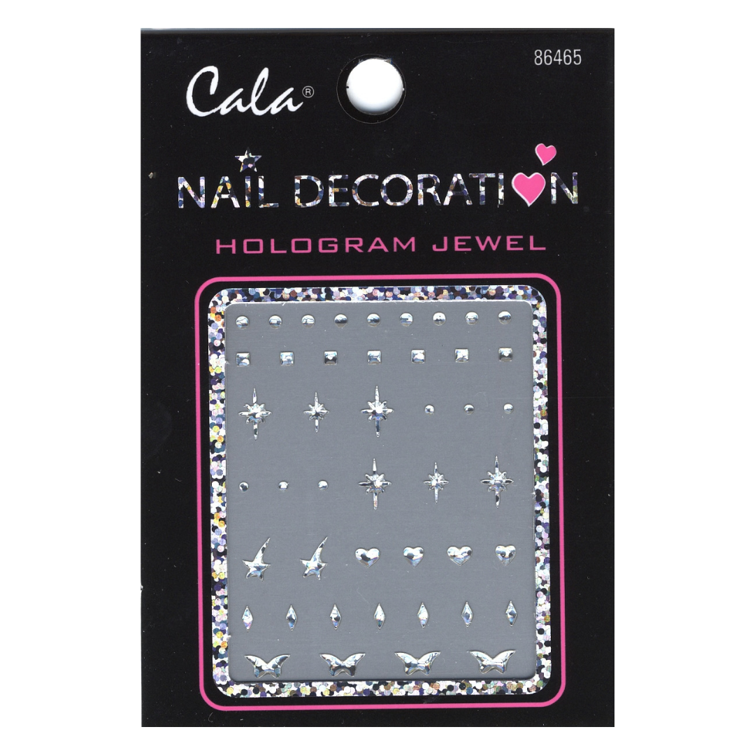 Cala brand hologram nail jewel sticker sheet in its original black packaging card, featuring various star, heart, and bird-shaped rhinestones.