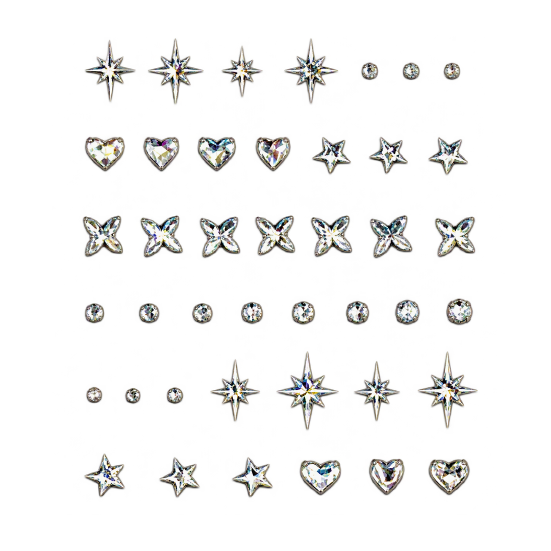 A sheet of clear rhinestone nail art in multiple shapes, including stars, hearts, and butterflies, arranged in rows on a plain white background.