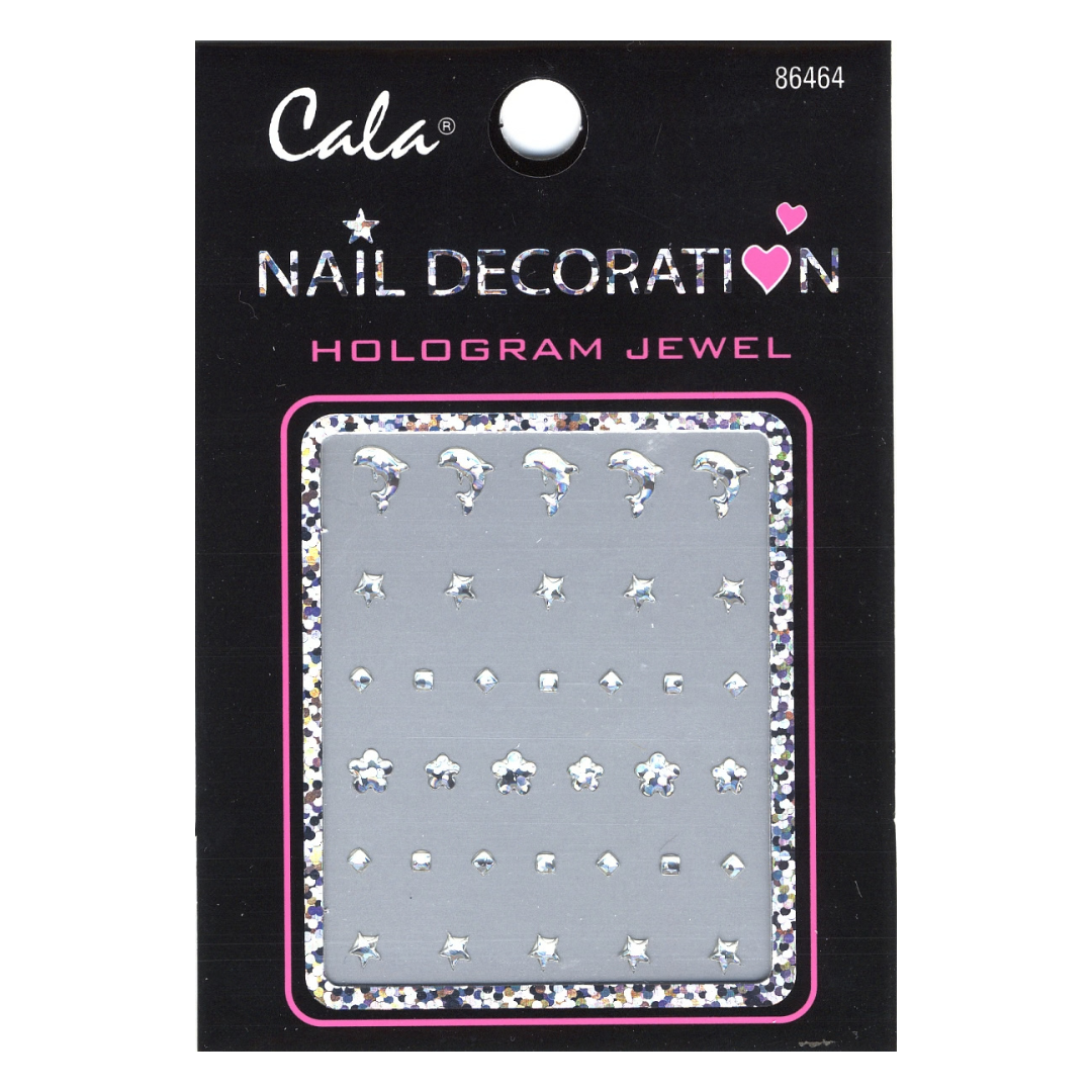 Cala brand hologram jewel nail decoration sheet on a black backing card. The sheet contains multiple small clear rhinestone-like studs and charms in different shapes, bordered by a pink and glitter frame, with the text 'NAIL DECORATION HOLOGRAM JEWEL' on the card.